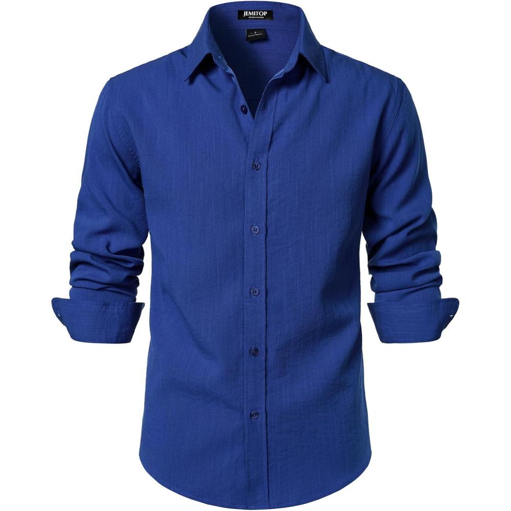 imageJEMITOP Mens Stretch LinenLike Long Sleeve Button Down Shirts Casual Beach Wedding Dress ShirtRoyal Blue