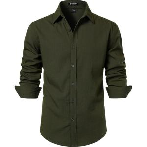 JEMITOP Men’s Stretch Linen-Like Long Sleeve Button Down Shirts Casual Beach Wedding Dress Shirt(Army Green)