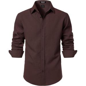 JEMITOP Men’s Stretch Linen-Like Long Sleeve Button Down Shirts Casual Beach Wedding Dress Shirt(Brown)