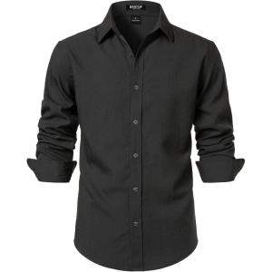 JEMITOP Men’s Stretch Linen-Like Long Sleeve Button Down Shirts Casual Beach Wedding Dress Shirt(Dark Grey)