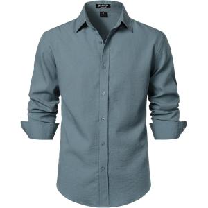JEMITOP Men’s Stretch Linen-Like Long Sleeve Button Down Shirts Casual Beach Wedding Dress Shirt(Grey Blue)