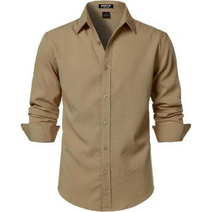 JEMITOP Men’s Stretch Linen-Like Long Sleeve Button Down Shirts Casual Beach Wedding Dress Shirt(Khaki)