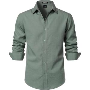 JEMITOP Men’s Stretch Linen-Like Long Sleeve Button Down Shirts Casual Beach Wedding Dress Shirt(Sage Green)