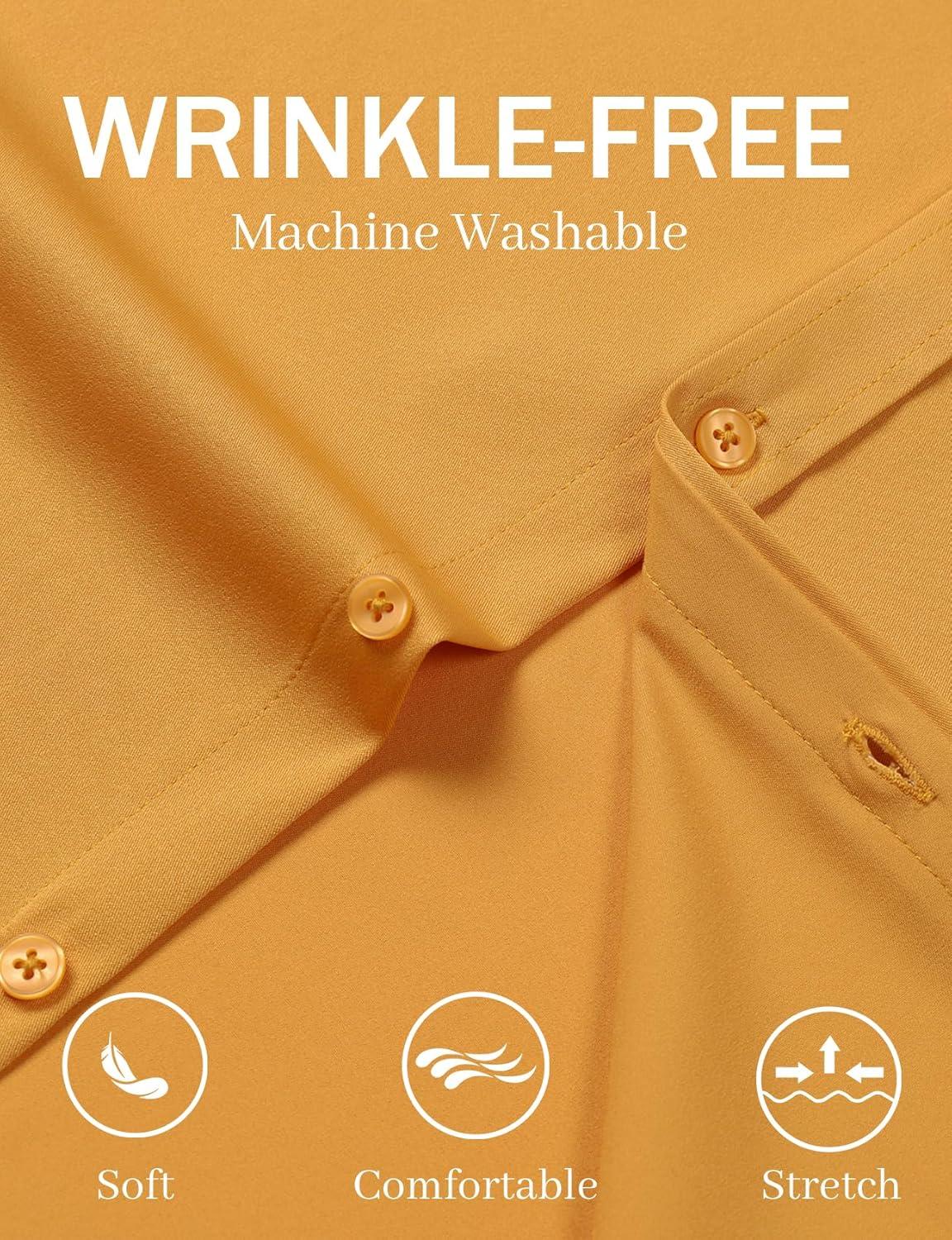 imageJEMITOP Mens Stretch WrinkleFree Soft Slim Fit Dress Shirts Short Sleeve Formal Wedding Business Casual Button Down ShirtGold