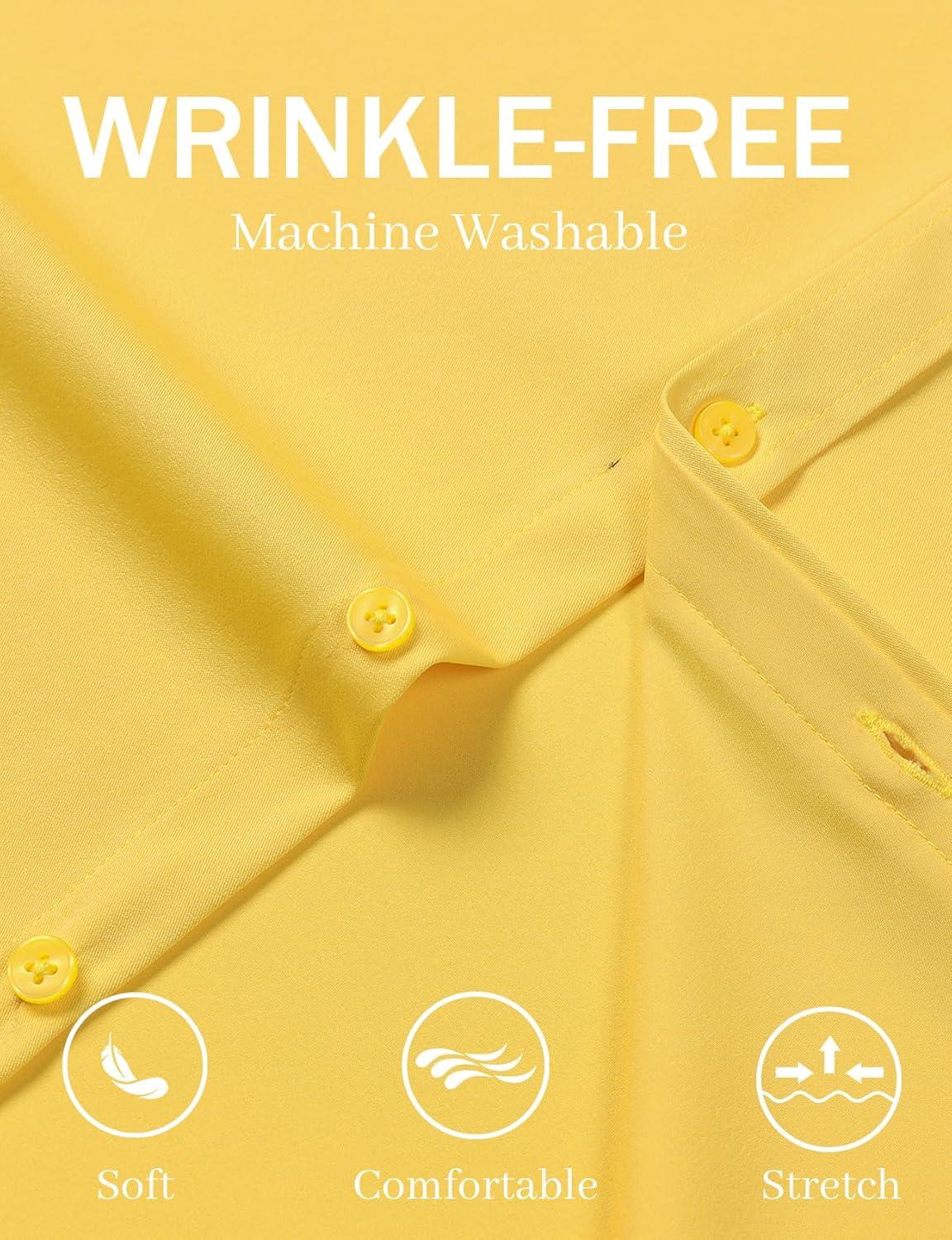 imageJEMITOP Mens Stretch WrinkleFree Soft Slim Fit Dress Shirts Short Sleeve Formal Wedding Business Casual Button Down ShirtLemon Yellow