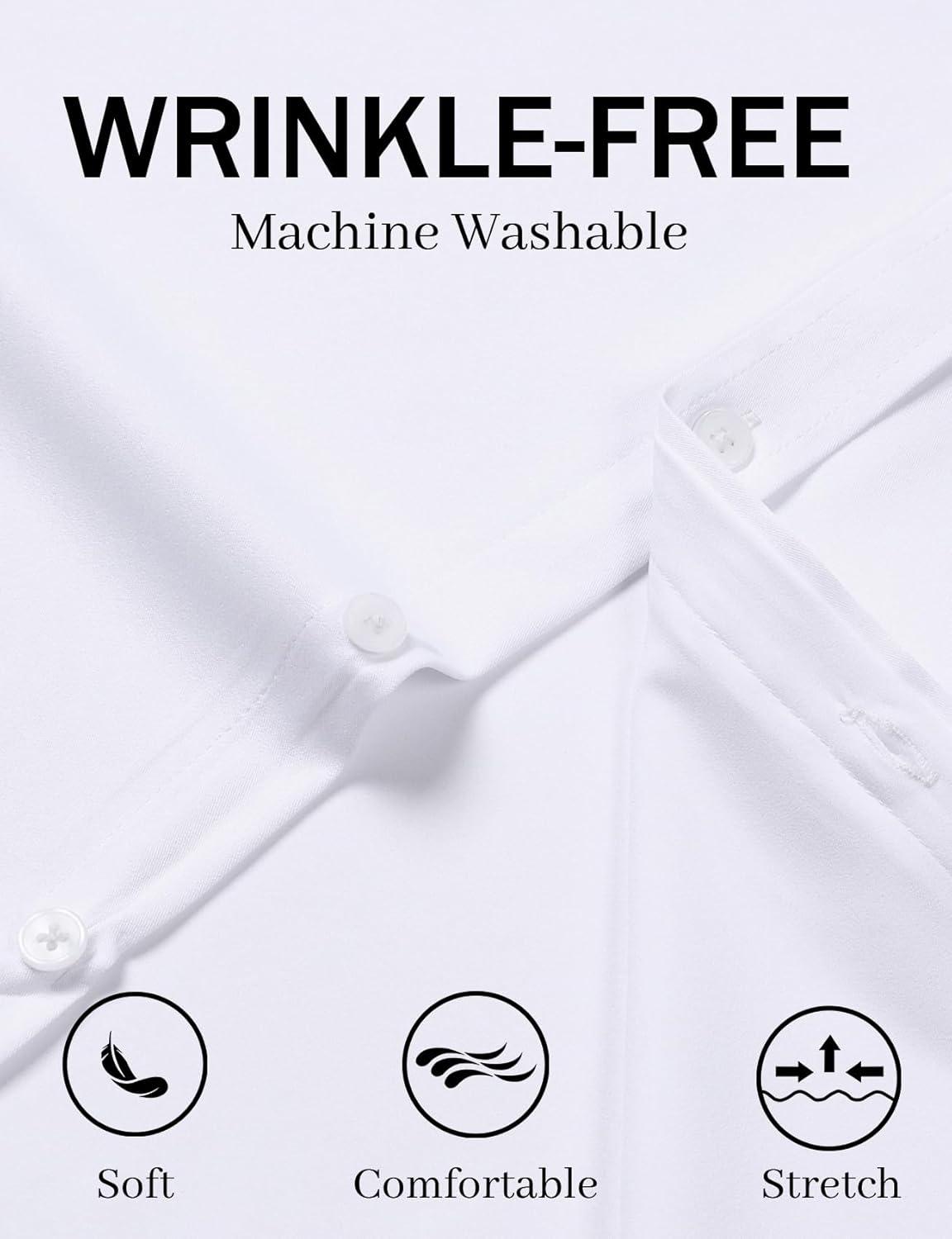 imageJEMITOP Mens Stretch WrinkleFree Soft Slim Fit Dress Shirts Short Sleeve Formal Wedding Business Casual Button Down ShirtWhite