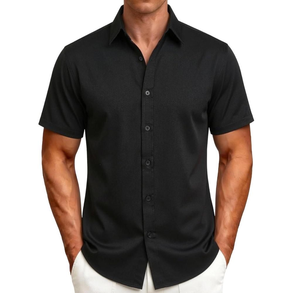 imageJEMITOP Mens Stretch WrinkleFree Soft Slim Fit Dress Shirts Short Sleeve Formal Wedding Business Casual Button Down ShirtBlack
