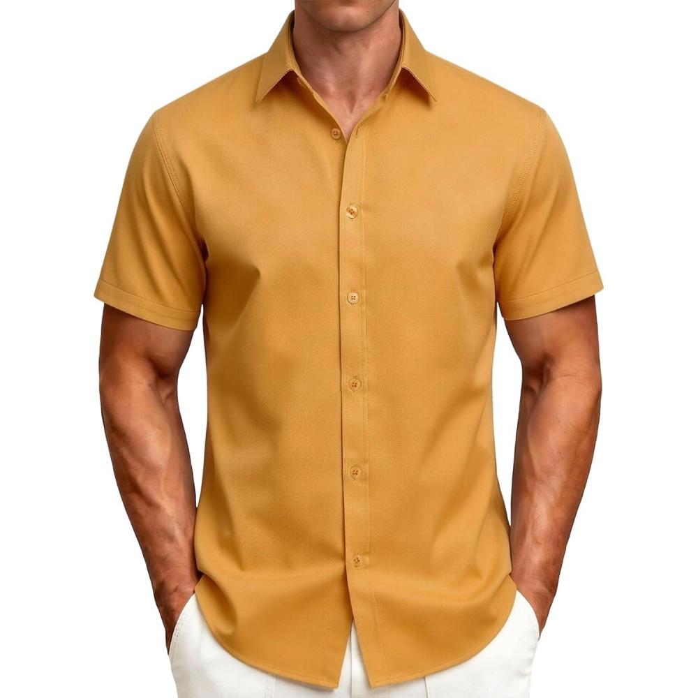 imageJEMITOP Mens Stretch WrinkleFree Soft Slim Fit Dress Shirts Short Sleeve Formal Wedding Business Casual Button Down ShirtGold