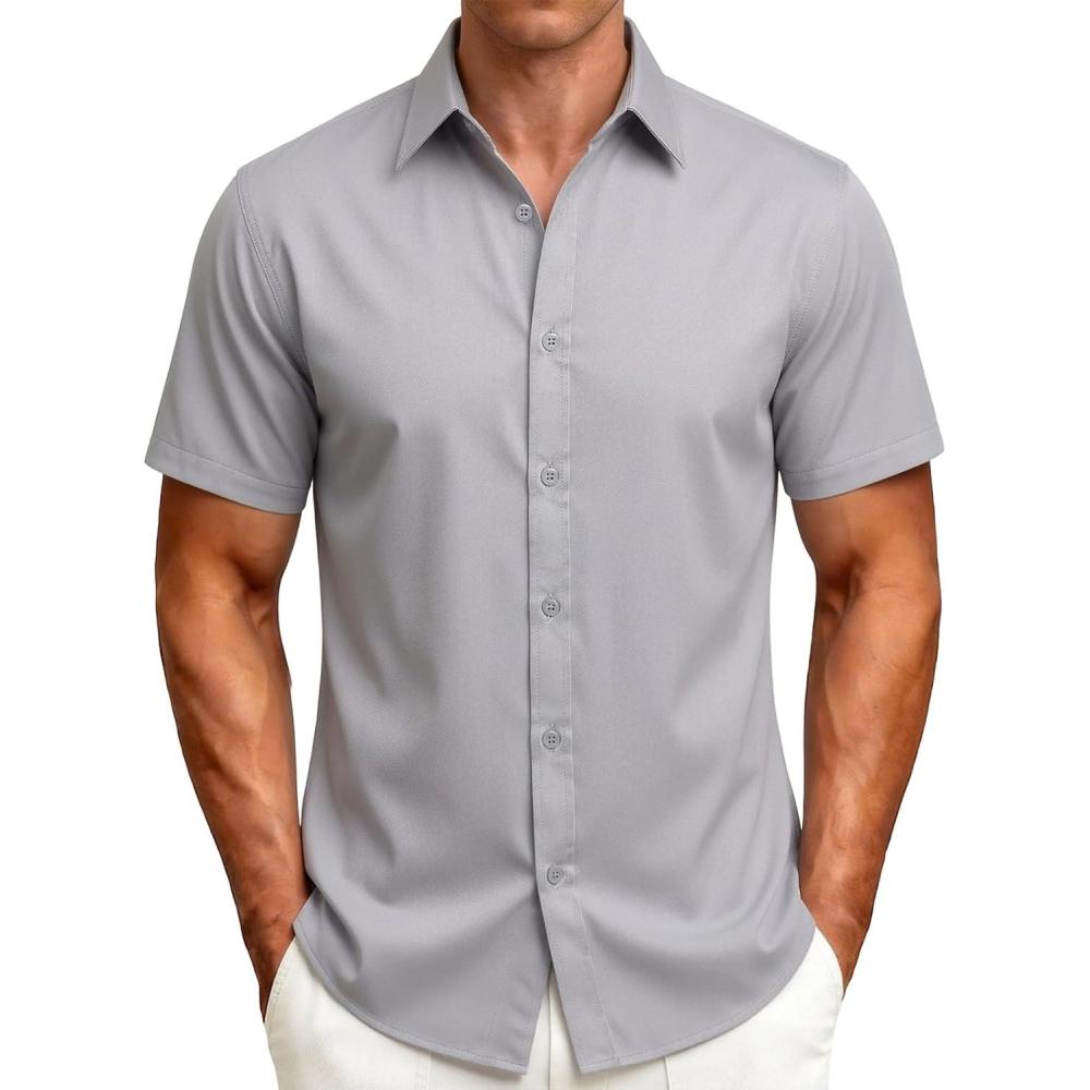 imageJEMITOP Mens Stretch WrinkleFree Soft Slim Fit Dress Shirts Short Sleeve Formal Wedding Business Casual Button Down ShirtLight Grey