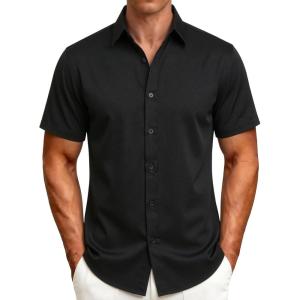 JEMITOP Men’s Stretch Wrinkle-Free Soft Slim Fit Dress Shirts Short Sleeve Formal Wedding Business Casual Button Down Shirt(Black)