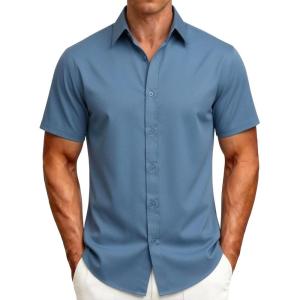 JEMITOP Men’s Stretch Wrinkle-Free Soft Slim Fit Dress Shirts Short Sleeve Formal Wedding Business Casual Button Down Shirt(Blue)