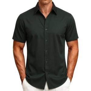 JEMITOP Men’s Stretch Wrinkle-Free Soft Slim Fit Dress Shirts Short Sleeve Formal Wedding Business Casual Button Down Shirt(Dark Green)