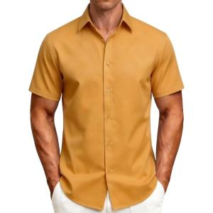 JEMITOP Men’s Stretch Wrinkle-Free Soft Slim Fit Dress Shirts Short Sleeve Formal Wedding Business Casual Button Down Shirt(Gold)