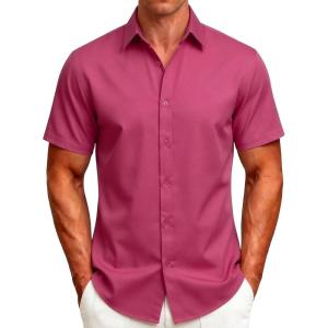 JEMITOP Men’s Stretch Wrinkle-Free Soft Slim Fit Dress Shirts Short Sleeve Formal Wedding Business Casual Button Down Shirt(Hot Pink)
