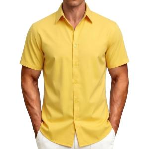 JEMITOP Men’s Stretch Wrinkle-Free Soft Slim Fit Dress Shirts Short Sleeve Formal Wedding Business Casual Button Down Shirt(Lemon Yellow)