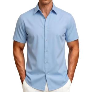 JEMITOP Men’s Stretch Wrinkle-Free Soft Slim Fit Dress Shirts Short Sleeve Formal Wedding Business Casual Button Down Shirt(Light Blue)