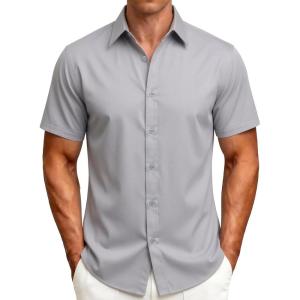 JEMITOP Men’s Stretch Wrinkle-Free Soft Slim Fit Dress Shirts Short Sleeve Formal Wedding Business Casual Button Down Shirt(Light Grey)