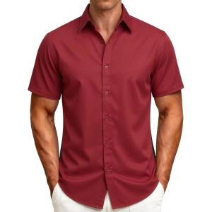 JEMITOP Men’s Stretch Wrinkle-Free Soft Slim Fit Dress Shirts Short Sleeve Formal Wedding Business Casual Button Down Shirt(Red)