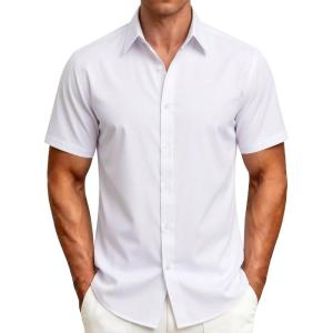 JEMITOP Men’s Stretch Wrinkle-Free Soft Slim Fit Dress Shirts Short Sleeve Formal Wedding Business Casual Button Down Shirt(White)