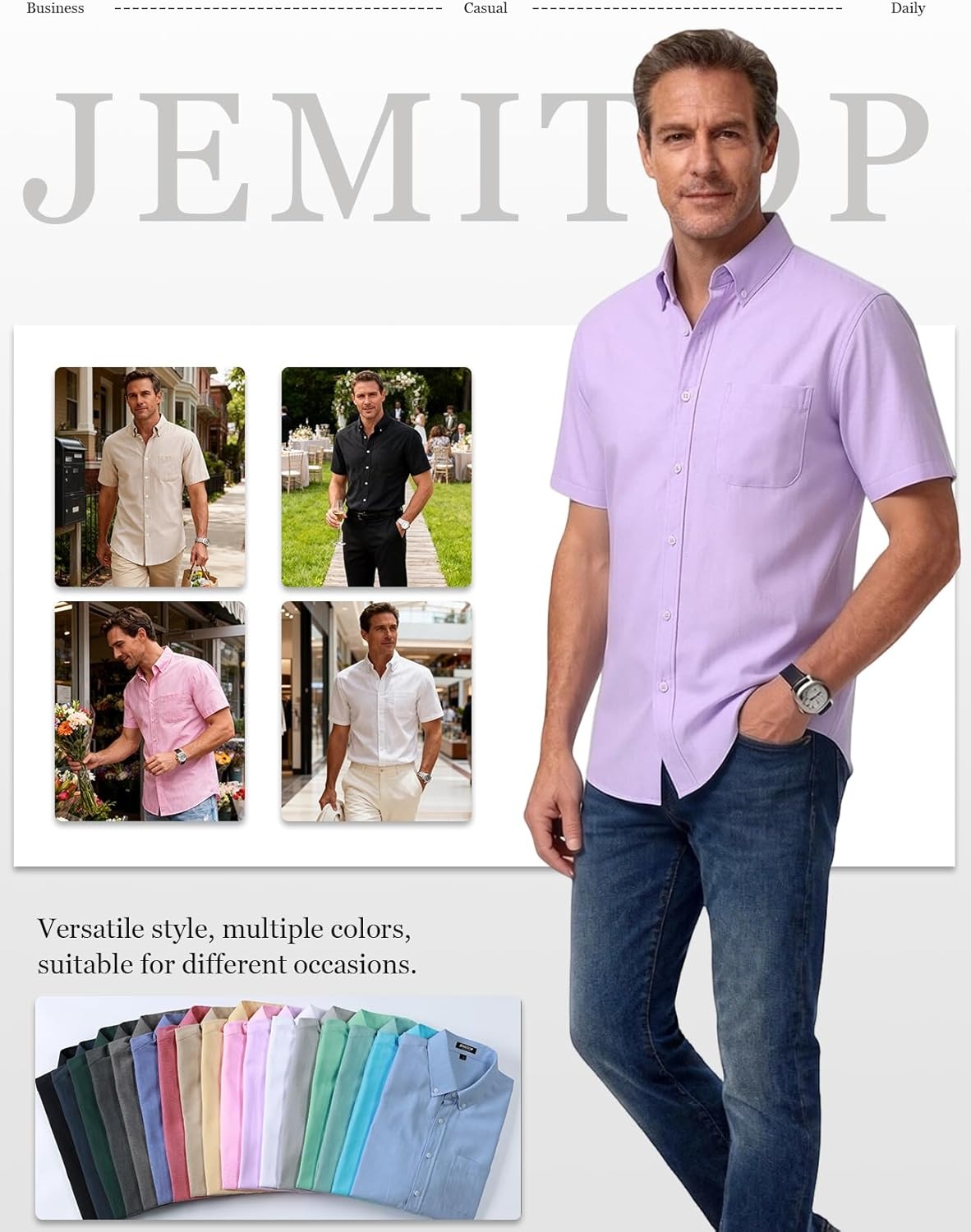 imageJEMITOP Mens Classic Lightweight Oxford Button Down Shirts Business Casual Slim Fit Short Sleeve Dress Shirt with PocketLavender Purple