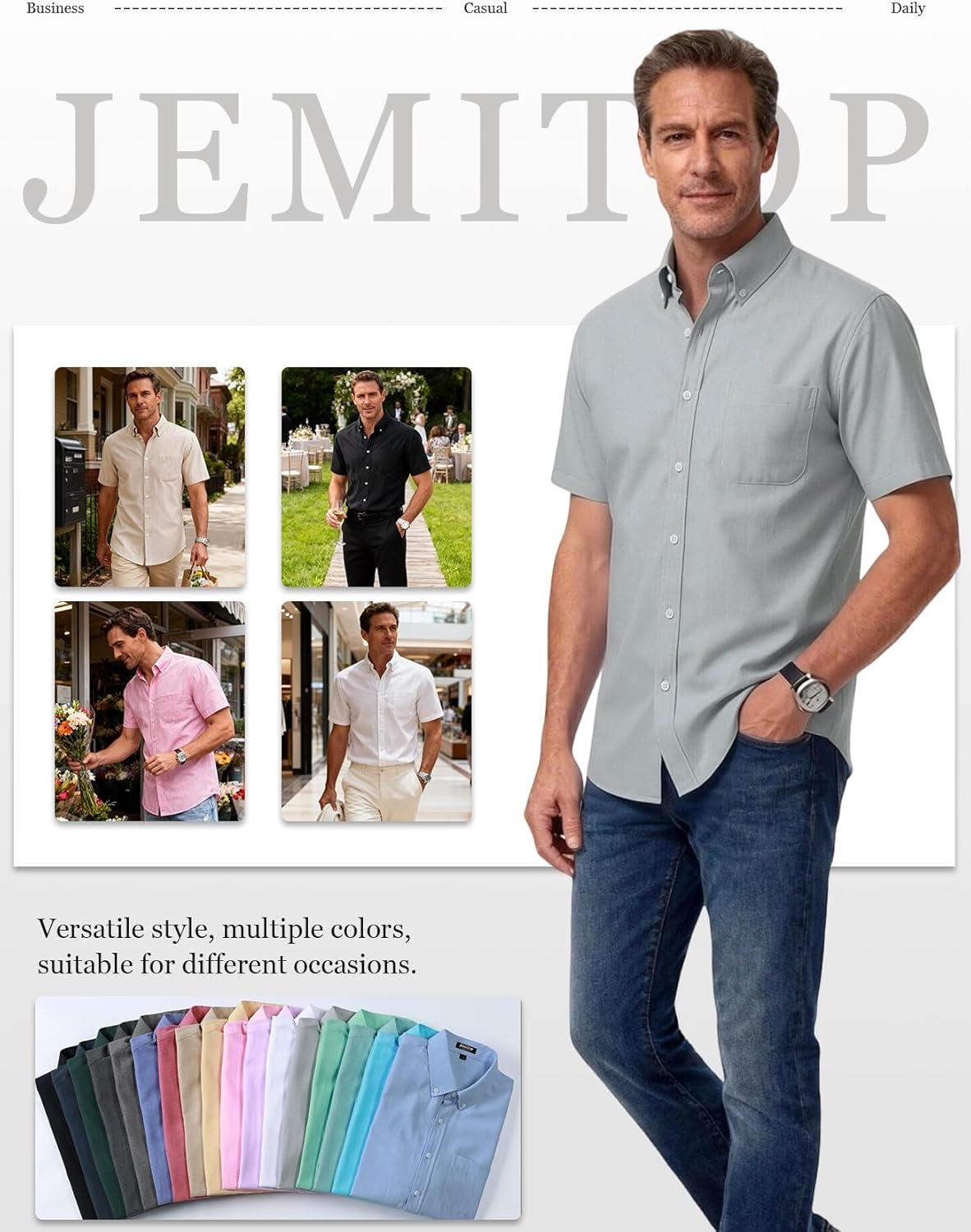 imageJEMITOP Mens Classic Lightweight Oxford Button Down Shirts Business Casual Slim Fit Short Sleeve Dress Shirt with PocketLight Grey