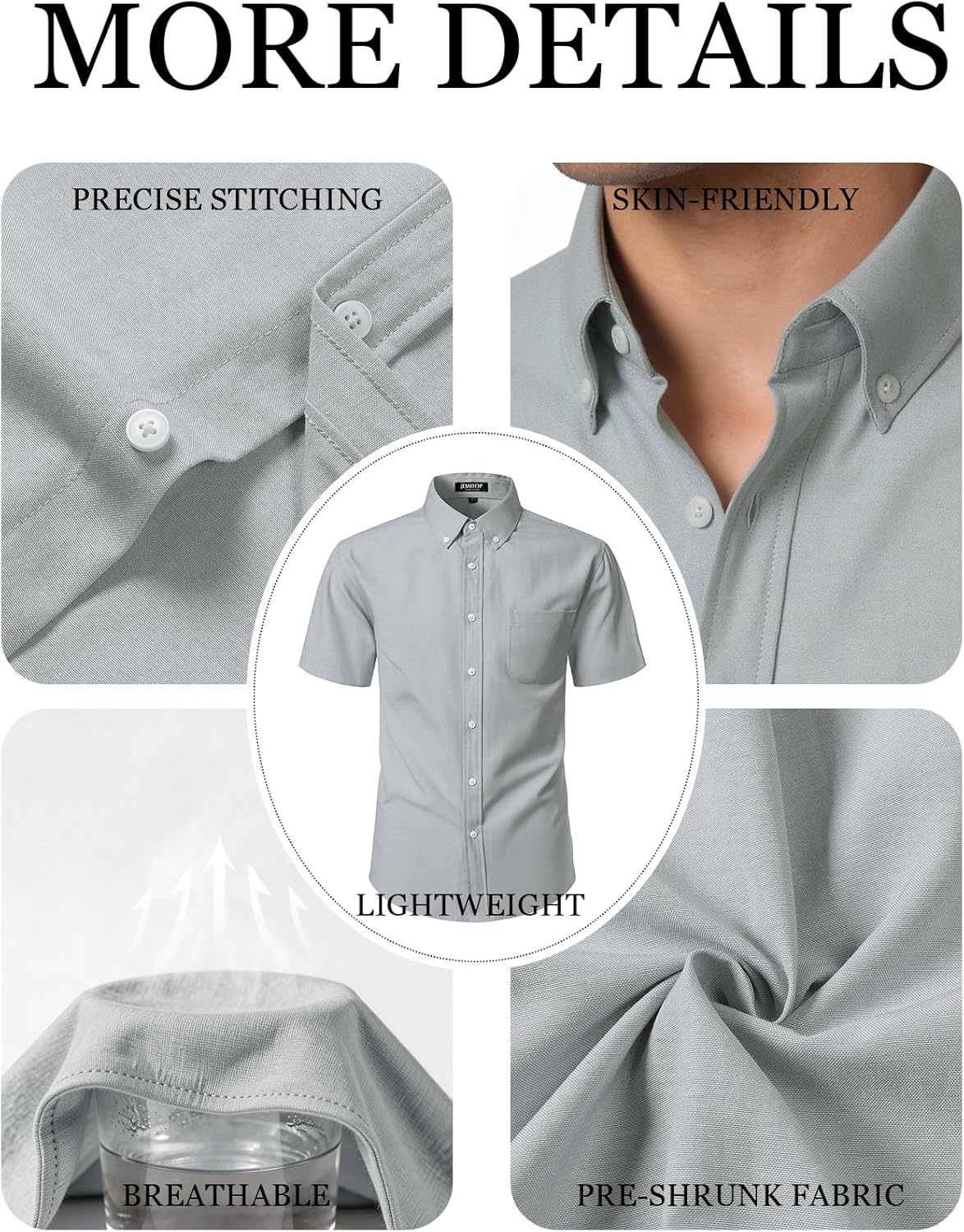 imageJEMITOP Mens Classic Lightweight Oxford Button Down Shirts Business Casual Slim Fit Short Sleeve Dress Shirt with PocketLight Grey