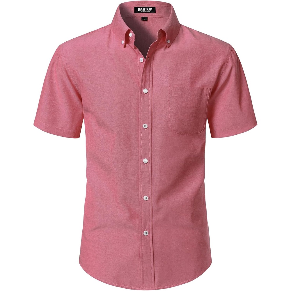 imageJEMITOP Mens Classic Lightweight Oxford Button Down Shirts Business Casual Slim Fit Short Sleeve Dress Shirt with PocketCoral Red
