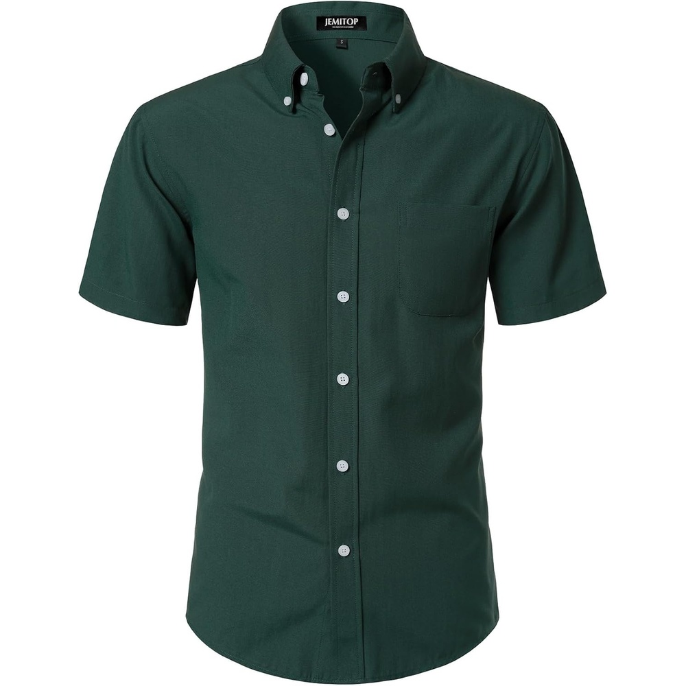 imageJEMITOP Mens Classic Lightweight Oxford Button Down Shirts Business Casual Slim Fit Short Sleeve Dress Shirt with PocketForest Green