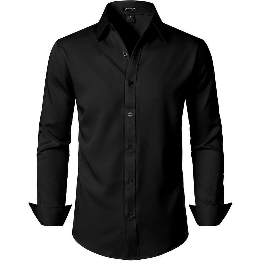 image:imageJEMITOP Mens Stretch WrinkleFree Soft Slim Fit Dress Shirts Long Sleeve Formal Wedding Business Casual Button Down ShirtBlack