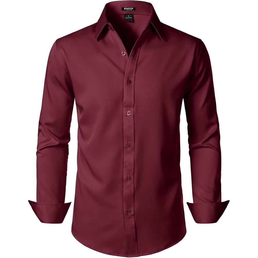 image:imageJEMITOP Mens Stretch WrinkleFree Soft Slim Fit Dress Shirts Long Sleeve Formal Wedding Business Casual Button Down ShirtBurgundy