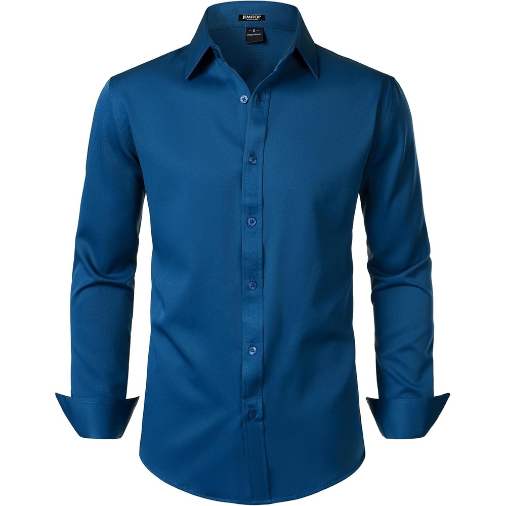 image:imageJEMITOP Mens Stretch WrinkleFree Soft Slim Fit Dress Shirts Long Sleeve Formal Wedding Business Casual Button Down ShirtDark Blue