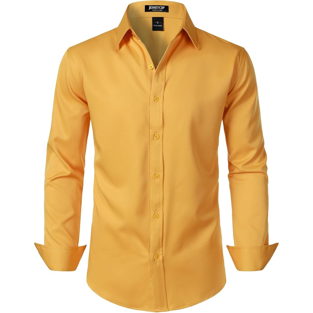 image:imageJEMITOP Mens Stretch WrinkleFree Soft Slim Fit Dress Shirts Long Sleeve Formal Wedding Business Casual Button Down ShirtGold