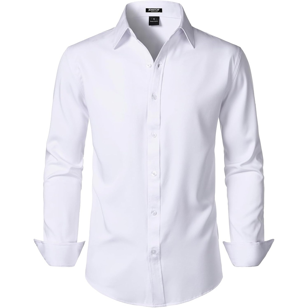 image:imageJEMITOP Mens Stretch WrinkleFree Soft Slim Fit Dress Shirts Long Sleeve Formal Wedding Business Casual Button Down ShirtWhite