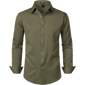 JEMITOP Men’s Stretch Wrinkle-Free Soft Slim Fit Dress Shirts Long Sleeve Formal Wedding Business Casual Button Down Shirt(Army Green)