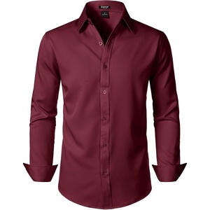 JEMITOP Men’s Stretch Wrinkle-Free Soft Slim Fit Dress Shirts Long Sleeve Formal Wedding Business Casual Button Down Shirt(Burgundy)