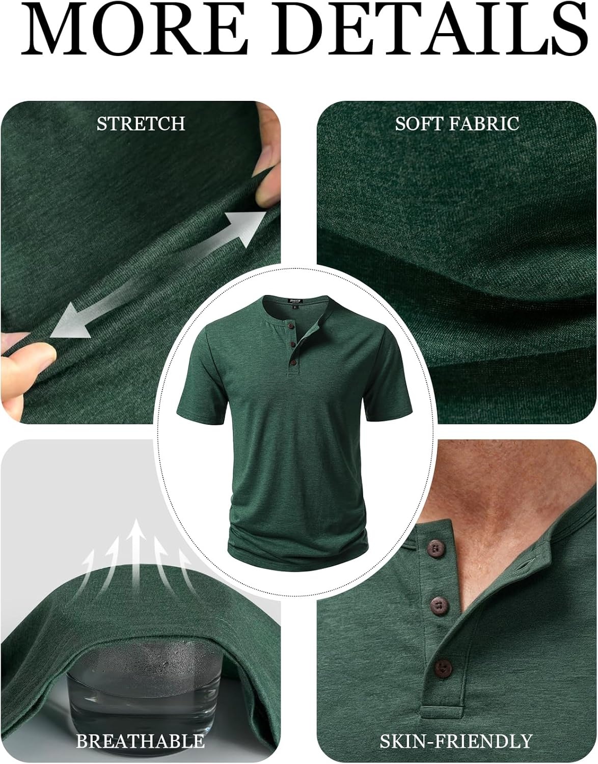 image:imageJEMITOP Mens Stretch Henley Slim Fit TShirt Summer Casual 3 Buttons Short Sleeve Tee ShirtsGreen