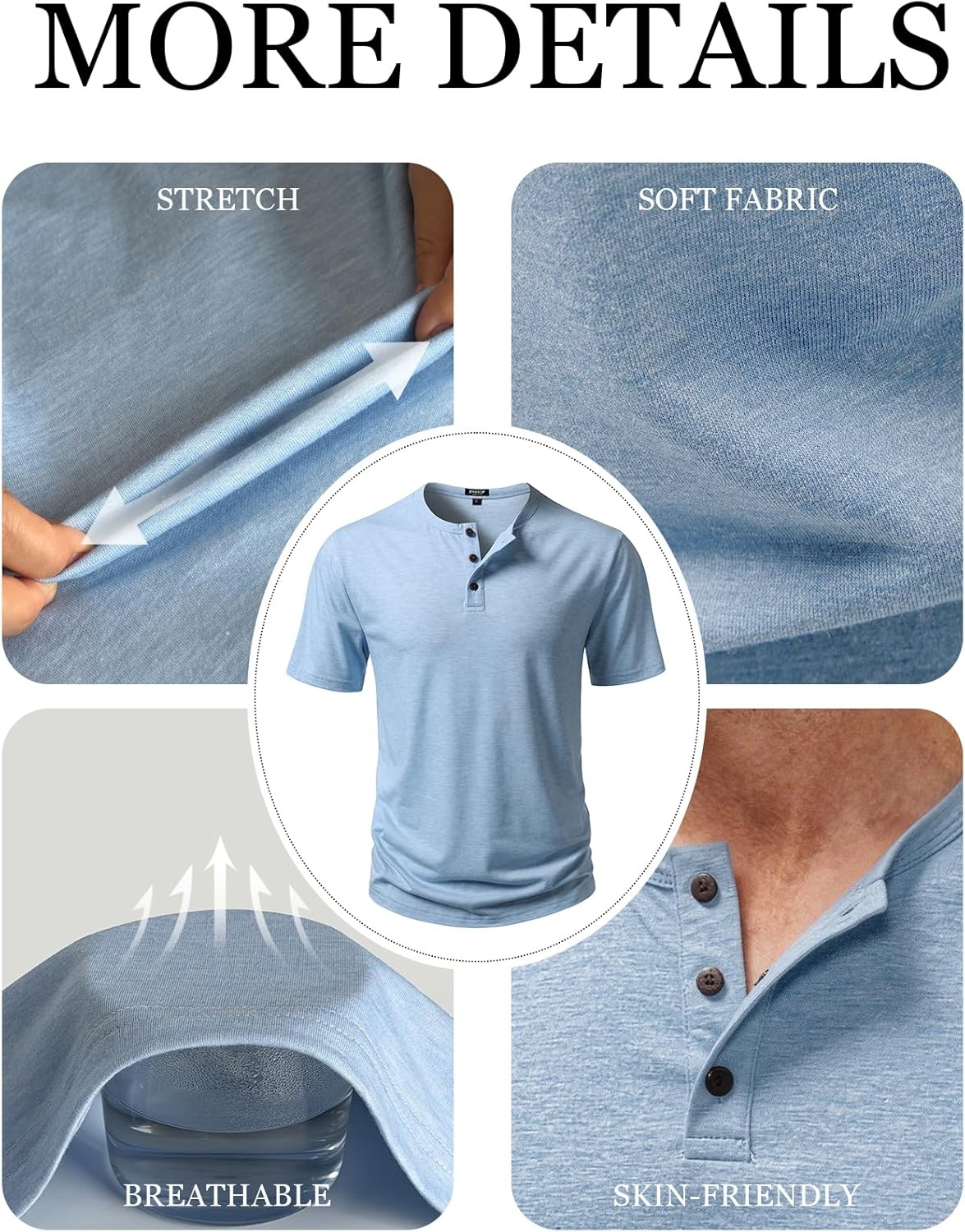 image:imageJEMITOP Mens Stretch Henley Slim Fit TShirt Summer Casual 3 Buttons Short Sleeve Tee ShirtsLight Blue