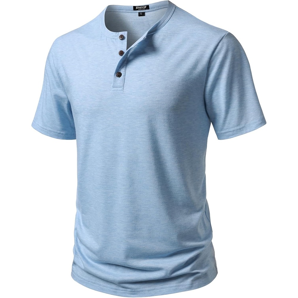 image:imageJEMITOP Mens Stretch Henley Slim Fit TShirt Summer Casual 3 Buttons Short Sleeve Tee ShirtsLight Blue