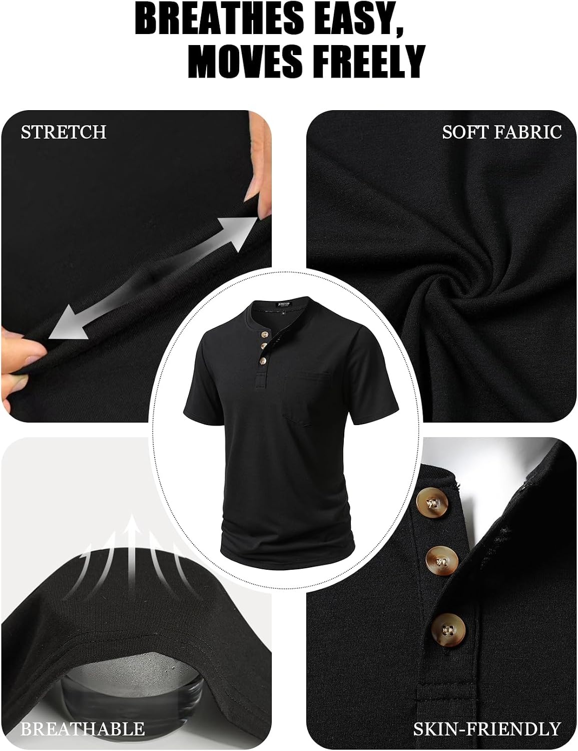 image:imageJEMITOP Mens Stretch Henley Shirts Casual Short Sleeve Slim Fit 3Button TShirtsBlack