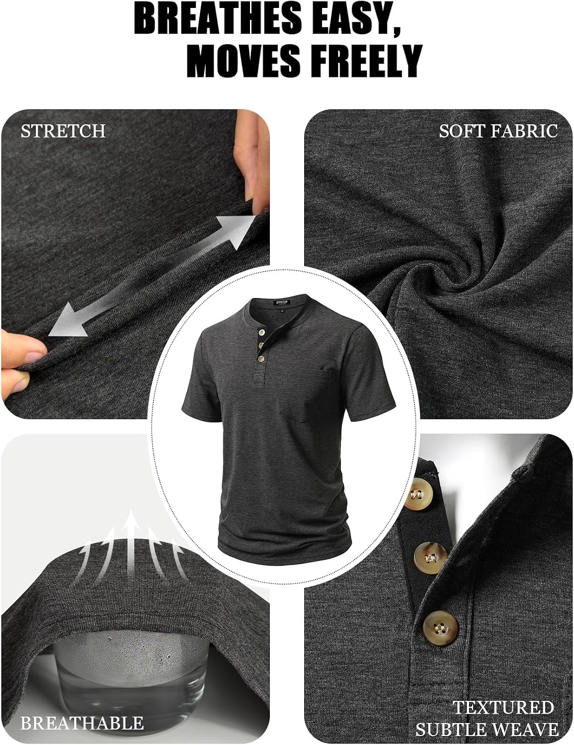 image:imageJEMITOP Mens Stretch Henley Shirts Casual Short Sleeve Slim Fit 3Button TShirtsCharcoal Grey