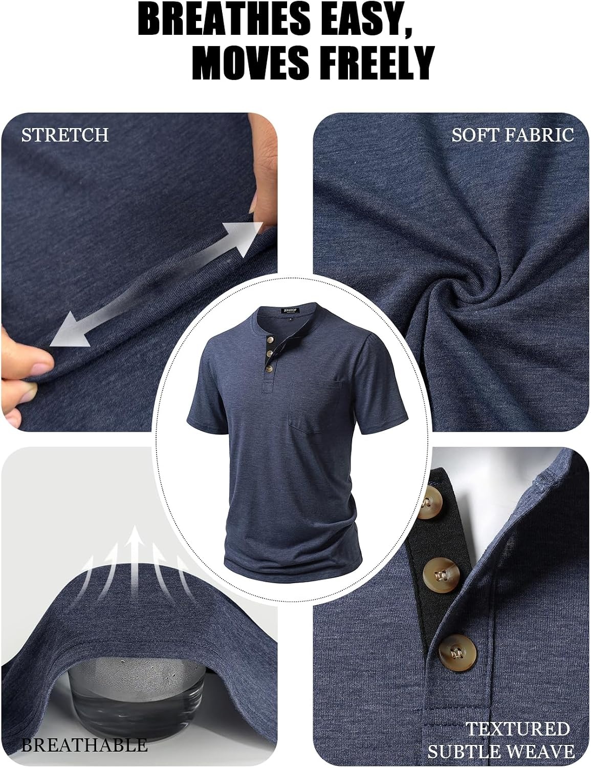 image:imageJEMITOP Mens Stretch Henley Shirts Casual Short Sleeve Slim Fit 3Button TShirtsNavy Blue