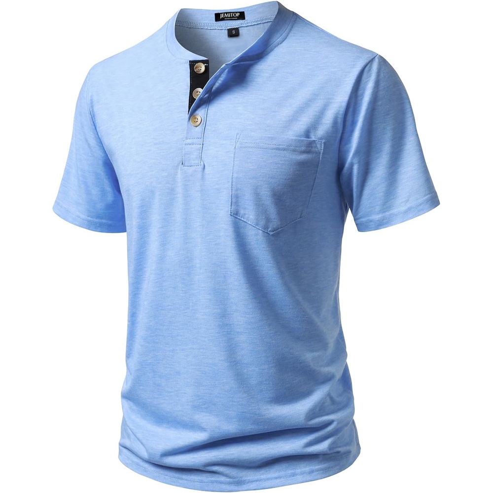 image:imageJEMITOP Mens Stretch Henley Shirts Casual Short Sleeve Slim Fit 3Button TShirtsLight Blue