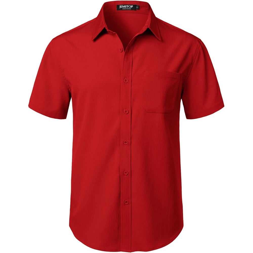 image:imageJEMITOP Mens Stretch Wrinkle Free Short Sleeve Texture Shirt Lightweight Summer Button Down Shirts for Beach VacationRed