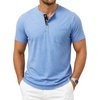 JEMITOP Mens Stretch Henley Shirts Casual Short Sleeve Slim Fit 3-Button T-Shirts(Light Blue)