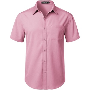 JEMITOP Men’s Stretch Wrinkle Free Short Sleeve Texture Shirt Lightweight Summer Button Down Shirts for Beach Vacation(Dusty Pink)