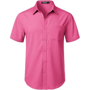 JEMITOP Men’s Stretch Wrinkle Free Short Sleeve Texture Shirt Lightweight Summer Button Down Shirts for Beach Vacation(Hot Pink)