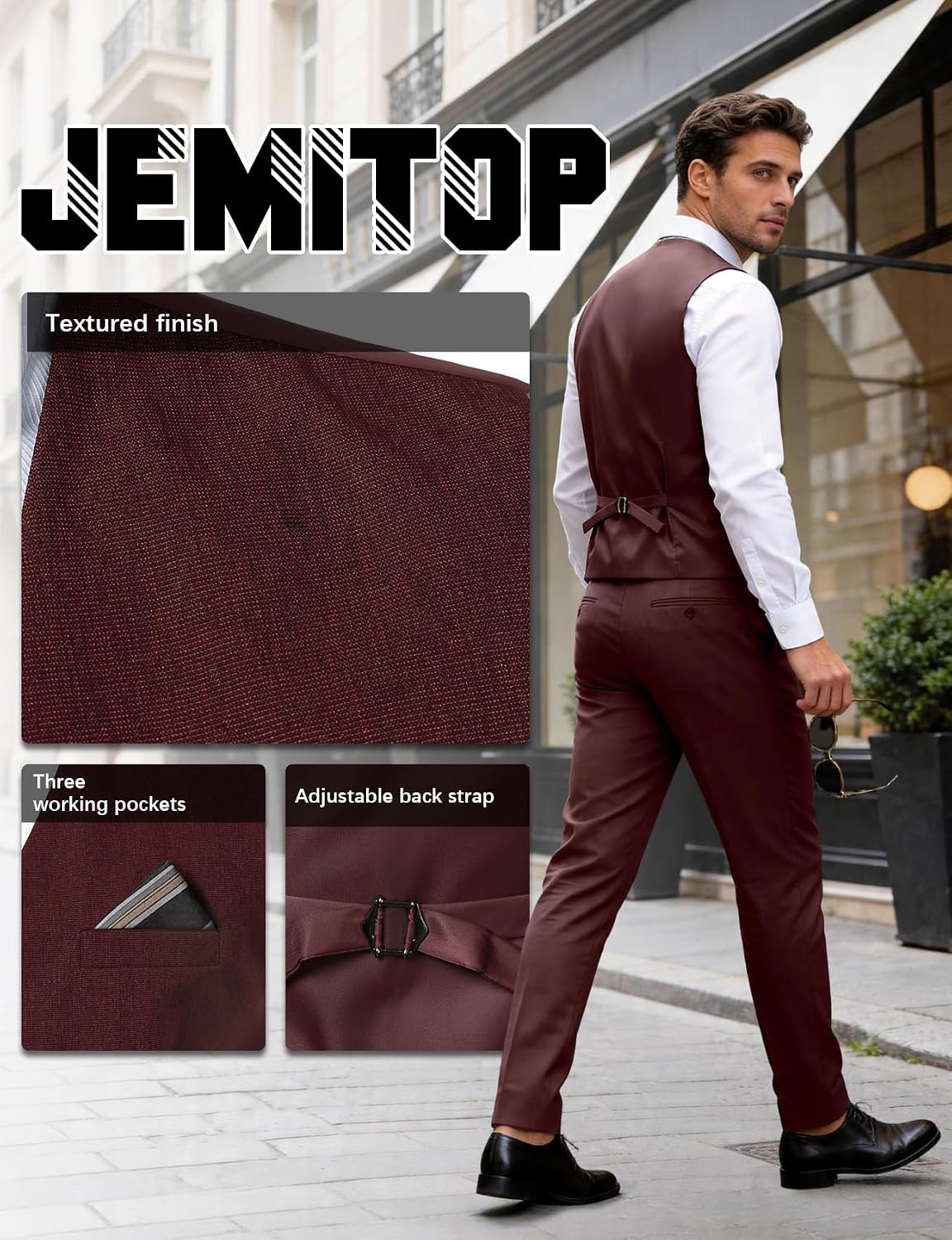 image:imageJEMITOP Mens Lightweight Texture Slim Fit Dress Vest Wedding Formal Vintage Tuxedo Suit Vest with PocketBurgundy