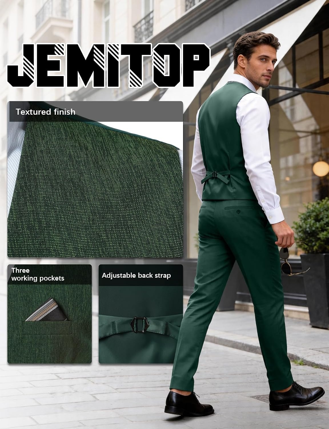 image:imageJEMITOP Mens Lightweight Texture Slim Fit Dress Vest Wedding Formal Vintage Tuxedo Suit Vest with PocketDark Green