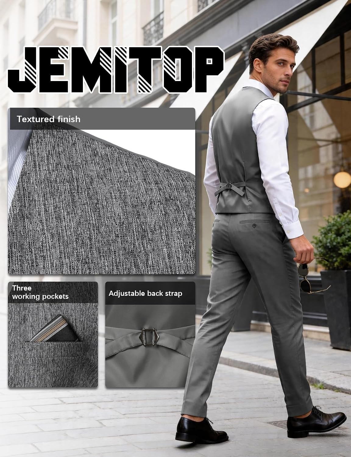 image:imageJEMITOP Mens Lightweight Texture Slim Fit Dress Vest Wedding Formal Vintage Tuxedo Suit Vest with PocketGrey