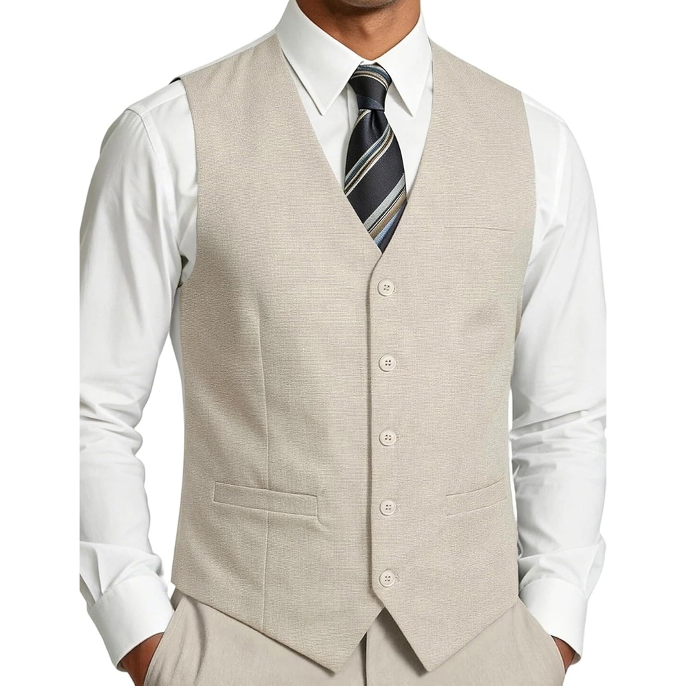 image:imageJEMITOP Mens Lightweight Texture Slim Fit Dress Vest Wedding Formal Vintage Tuxedo Suit Vest with PocketBeige